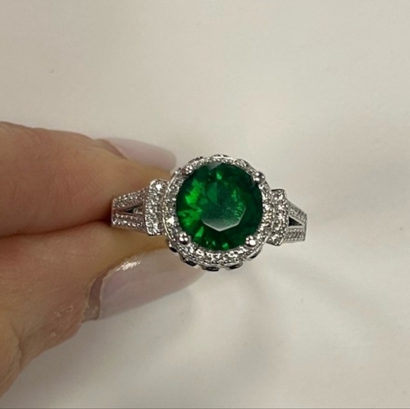 Suzy Levian Jewelry - Suzy Levian Sterling Silver Green & White Cubic Zirconia Engagement Ring Size 7